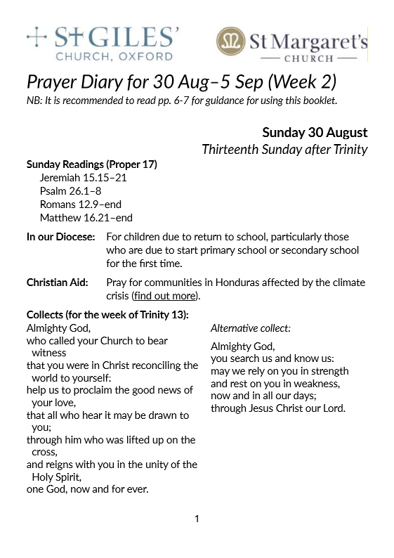 Prayer Diary: Week of 30 August – 5 September